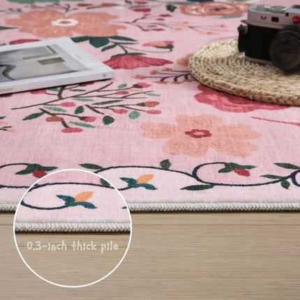 Rugcomf Living Room Rug, 60 x 84 Inch, Machine Washable, Boho Floral Vintage Style, Non-Slip, Low Pile, Large Area Rug for Living Room, Bedroom, Dining, Children's Playroom, Farmhouse (Pink)