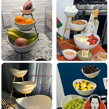 YHOSSEUN 3 Tier Serving Stand Oval Serving Bowl with Metal Rack, Tied Serving Tray Food Display Dessert Appetizer, Serving Bowl Fruit Chip Dip Bowl Set for Parties, Gold