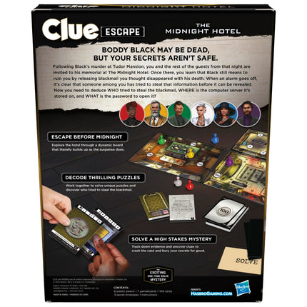 Juego de mesa Hasbro Gaming Cluedo Escape: El hotel de medianoche, juego de escape Cluedo, juegos de misterio de una sola resolución, juegos familiares para mayores de 10 años, de 1 a 6 jugadores, 90 minutos de media (F6417)