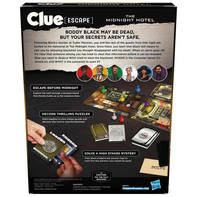 Juego de mesa Hasbro Gaming Cluedo Escape: El hotel de medianoche, juego de escape Cluedo, juegos de misterio de una sola resolución, juegos familiares para mayores de 10 años, de 1 a 6 jugadores, 90 minutos de media (F6417)