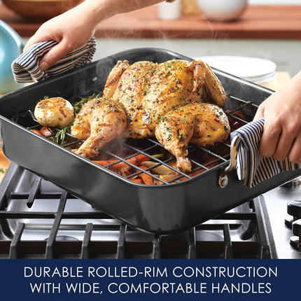 Rôtissoire/Plat de cuisson antiadhésif Rachael Ray avec grille réversible, 41,9 cm x 34,3 cm, gris