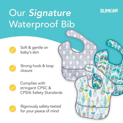 Bumkins SuperBib, Adjustable Hook & Loop Closure, Catch-All Pocket, Baby-Led Weaning, Waterproof, Machine Washable, Stain & Odour Resistant, BPA Free, 6-24 Months, 3-Pack, Arrows, Feather, Quill