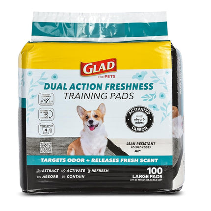 Glad for Pets Dual Action Freshness Activated Carbon Puppy Training Pads with Fragrance Release, Scented Pee Pads, Ultra Absorbent, Odor Control. 23"x23" 100ct