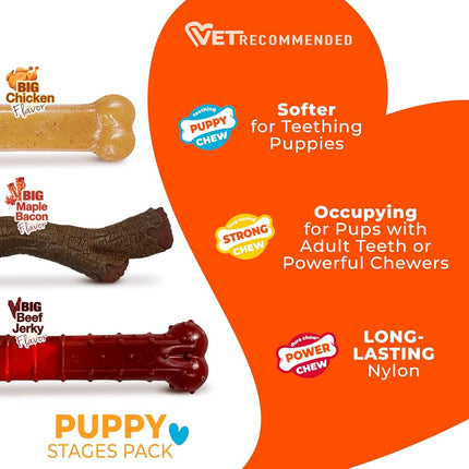 Nylabone Puppy Stages Dog Chew Toy Pack - Puppy Chew Toys for Teething and Chewing - Puppy Supplies - Chicken, Maple Bacon, and Beef Jerky Flavors, Medium/Wolf (3 Count)