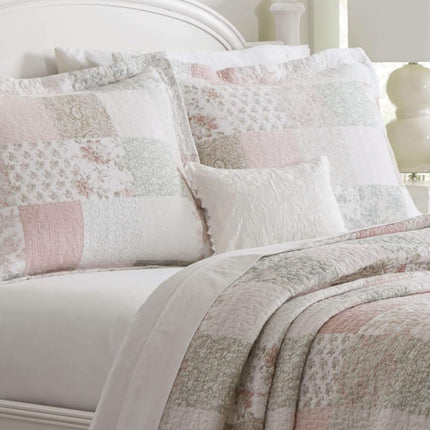 Laura Ashley - Twin Quilt Set, Reversible Cotton Bedding with Matching Sham, Patchwork Inspired Home Decor (Celina Patchwork Pink/Sage, Twin)
