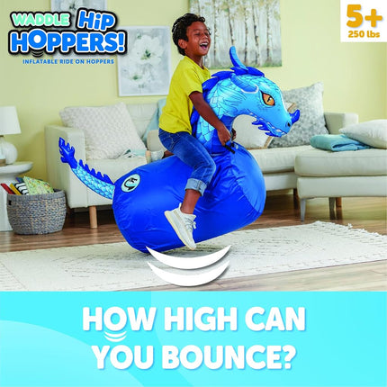 WADDLE Hip Hoppers Large Bouncy Hopper Inflatable Hopping Animal Bouncer, Supports Up to 250 Pounds, Ages 5 and Up (Blue Dragon)