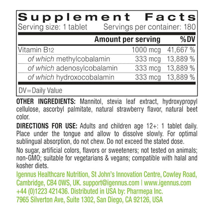 Super B12-Complex 1000mcg, High Absorption Sublingual Vitamin B12 in Three Bioactive Forms with Methylcobalamin, Vegan, 180 Tablets