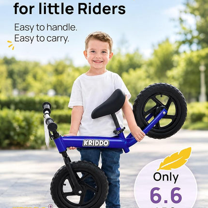 KRIDDO Toddler Balance Bike 2 Year Old, Age 18 Months to 5 Years Old, 12 Inch Push Bicycle with Customize Plate (3 Sets of Stickers Included), Steady Balancing, Gift Bike for 2-3 Boys Girls, Blue