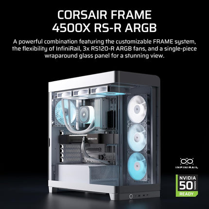 CORSAIR FRAME 4500X RS-R ARGB Panoramic Glass Mid-Tower PC Case – InfiniRail Mounting System, Fits Dual 360mm Radiators, GPU Anti-Sag, 3x RS120R Fans Included – White