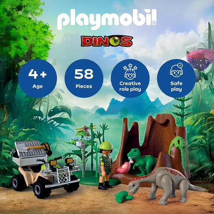 Playmobil Dinos Dinosaur Hideout, Dinosaur Explorer with Quad Bike, Baby T-Rex and Baby Brachiosaurus, Children's toy for ages 4plus, 72069