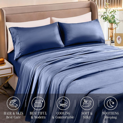 Elegant Comfort Luxurious 4-Piece Silky Satin Sheet Set, Skin and Hair Friendly, Wrinkle, Fade, Stain Resistant with Deep Pockets Fitted Sheet, Cooling Soft Satin Sheet Set, Twin, Navy Blue