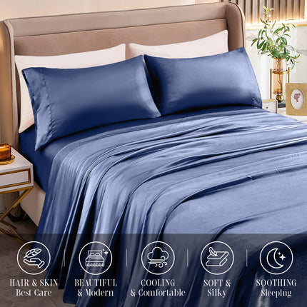 Elegant Comfort Luxurious 4-Piece Silky Satin Sheet Set, Skin and Hair Friendly, Wrinkle, Fade, Stain Resistant with Deep Pockets Fitted Sheet, Cooling Soft Satin Sheet Set, Twin, Navy Blue