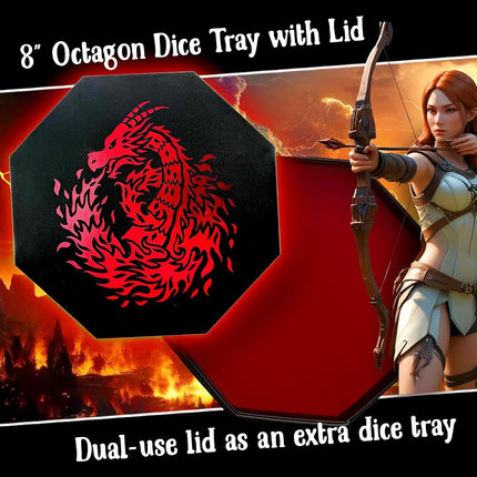Fantasydice RED Fire Dragon with Wizard Book Print Dice Storage and Rolling Tray 8" Octagon with Lid and Dice Staging Area- Holds 5 Sets(7 Dice Set/Standard) for All Tabletop RPGs