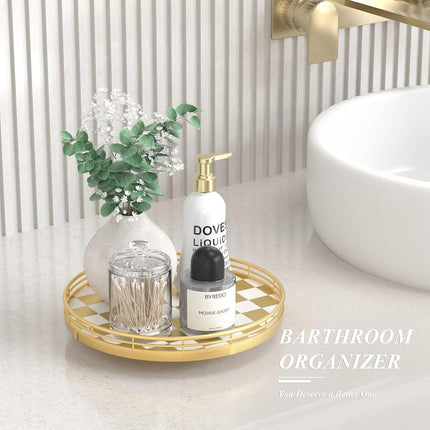 AMH 10-Inch Gold Checkerboard Lazy Susan Vanity Tray with Metal Rail