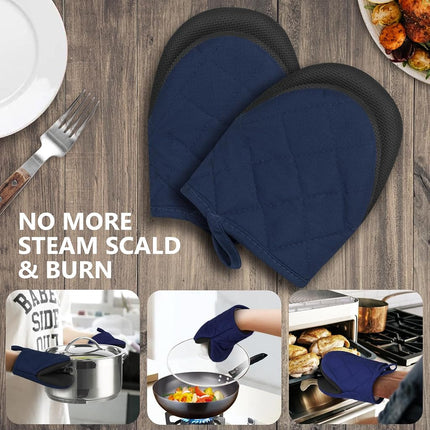 1 Pair Short Oven Mitts - Silicone Kitchen Oven Gloves High Heat Resistant 500℉, Mini Oven Mits with Non-Slip Grip Surfaces and Hanging Loop for BBQ, Baking, Cooking and Grilling (Dark Blue)