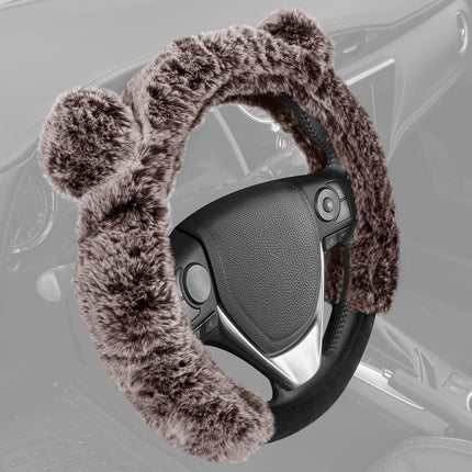 BDK Bear Fur Steering Wheel Cover, Plush Faux Fur Fuzzy Steering Cover for Car Truck Van SUV, Standard Size Fits Wheels 14.5-15 in Diameter, Brown with Ears