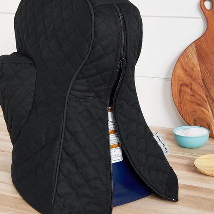 KITCHENAID Fitted Tilt-Head Solid Stand Mixer Cover with Storage Pocket, Quilted 100% Cotton, Matte Black, 14.4"x18"x10", NEW AND IMPROVED FIT