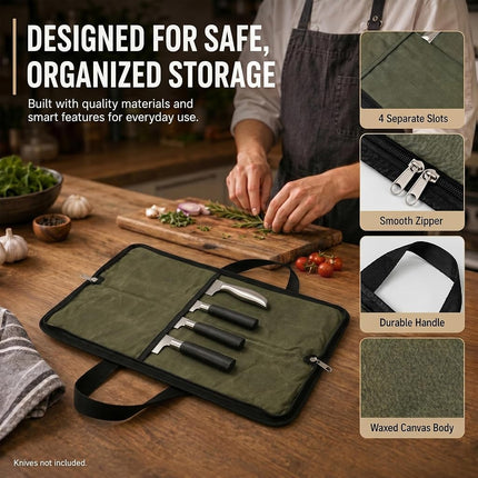 Pro Chef's Knife Roll(4 Slots), Heavy Duty Waxed Canvas Knife Bag Holds 4 Knives with Durable Handles, Portable Knife Carrier Case for Men & Women, Perfect for Travelling, Working, Barbequing, Campin