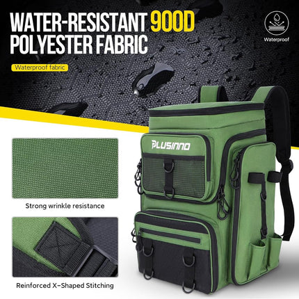 PLUSINNO Fishing Backpack with Rod Holders, 42L Large Water-Resistant Tackle Bag for Fishing, Camping, Hiking, Gifts for Men, Green