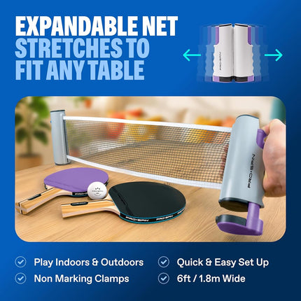 PRO-SPIN Table Tennis Bat Set – with Table Tennis Net for Any Table, Table Tennis Balls 3 Stars, Bag/Cover, Extendable Mobile Table Tennis Net (Blue, Purple, Set for 2 Players)