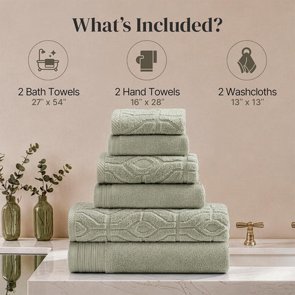 Modern Threads 6 Piece Set, 2 Bath Towels, 2 Hand Towels, 2 Washcloths Yarn Dyed Diamond Gate Jacquard Towel Set Green