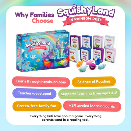 The Fidget Game SquishyLand in Rainbow Reef - Educational & Phonics Learning Activities for Children in Nursery to Year 2 - Mochi Squishy Toys Set with Board Game (2-6 Players) & Card Packs Included