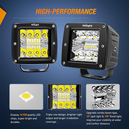 Nilight 2PCS 3Inch 42W LED Cubes Upgraded Spot Flood Combo Beam Square LED Pod Light Driving Fog Light for Offroad Pickup Trucks Jeep ATV UTV SUV (14025C-B)