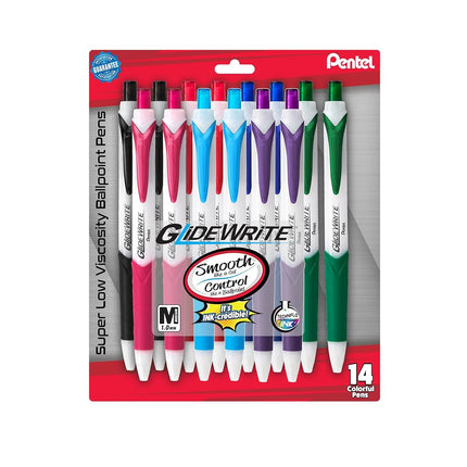 Pentel GlideWrite Ballpoint Pen with TechniFLO Ink, (1.0mm) Medium Line, Asst Ink, 14-Pk (BX910BP14M)