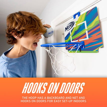 Nerf Mini Over The Door Basketball Hoop - Nerfoop Indoor Game Set for Kids - Toy Foam Basketball With Hoop - Great for Bedroom - Blue
