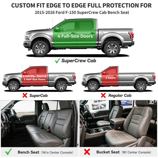 Alfombrillas YITAMOTOR compatibles con Ford F150, alfombrillas de ajuste personalizado para Ford F150 Super Crew Cab 2015-2020 con asientos de banco en la primera fila, protección para todo tipo de clima en la primera y segunda fila