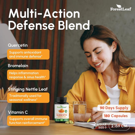 Quercetin 500mg with Bromelain, Vitamin C and Stinging Nettle – Advanced Sinus and Allergy Supplement – Natural Vegetable Capsules – Non GMO, Dairy, Gluten, Egg and Nut Free - by ForestLeaf (180)