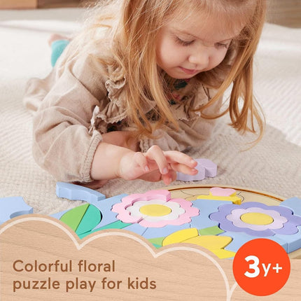 Fisher-Price Preschool Toy Wooden Flower Jigsaw Puzzle, 37-Piece Wood Stacking Set for Developmental Play Ages 3+ Years, HXT97