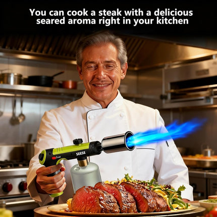 SEESE Powerful Propane Torch Gun,Kitchen Cooking Torch With One-Touch Max Fire, Charcoal Lighter with a Safety Lock, Adjustable Blow Torch for Sous Vide, BBQ, Campfire, Fireplace(Tank Not Included)