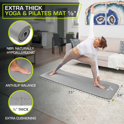 ProsourceFit Extra Thick Yoga and Pilates Mat ½” (13mm), 71-inch Long High Density Exercise Mat with Comfort Foam and Carrying Strap, Grey