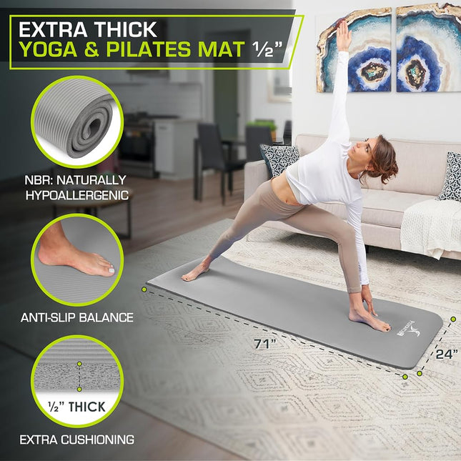 ProsourceFit Extra Thick Yoga and Pilates Mat ½” (13mm), 71-inch Long High Density Exercise Mat with Comfort Foam and Carrying Strap, Grey