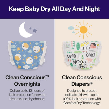 Pañales de noche Honest Company Clean Conscious para pieles sensibles | Hipoalergénicos, sin fragancia | Cozy Cloud + Star Signs | Caja Club, Talla 6 (más de 16 kg), 34 unidades