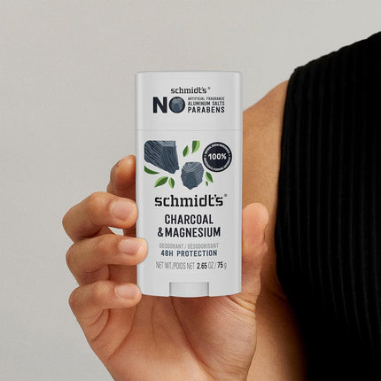 SCHMIDT'S Natural Deodorant Stick 75g, Charcoal & Magnesium, 24 Hour Protection, Vegan & Cruelty Free