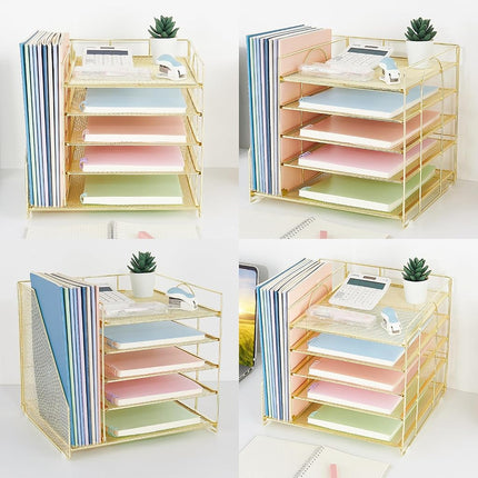 LEKETREE Desk Organizers with File Holder, 5-Tier Paper Organizer Letter Tray with Sliding Drawer and Extra Pen Holder, Mesh Desktop File Organizer for School Office Supplies (Gold)