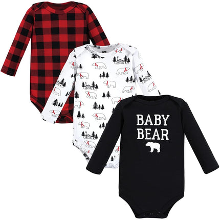 Hudson Baby unisex-baby Cotton Long-sleeve Bodysuits, Buffalo Plaid Bear, 3-6 Months
