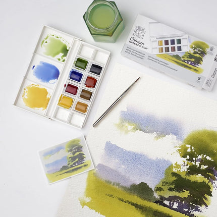 Winsor & Newton, Cotman Watercolour, 'Landscape Pocket Set', 8 x Half Pans + 1 Travel Brush