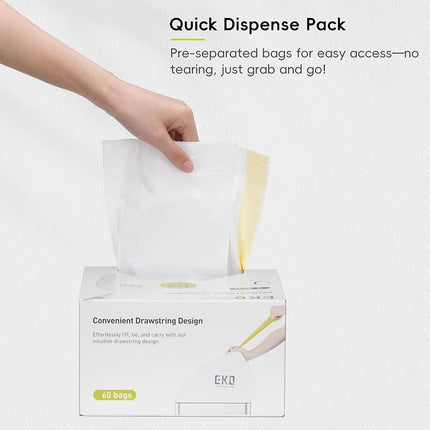 EKO 12.9 Gallon / 45-49 Liter, 60 Count Drawstring Trash Bags, Extra-Strong Unscented Garbage Bags, Easy-Dispense Roll for Kitchen & Household Use, Resists Tears, Leaks and Punctures, Code J, White