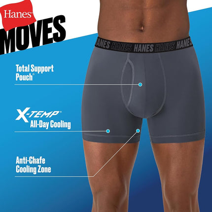 Hanes Men's Moves Performance Boxer Brief, Total Support Pouch, Regular/Trunk/Long Leg, 3-Pack, 8", Grey/Black, L