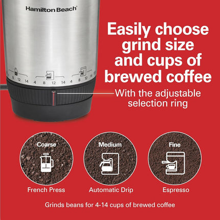 Hamilton Beach Custom Grind Electric Coffee Grinder for 4-14 Cups, One-Press Hand-Free Operation with Auto Shutoff, Removable Grinding Bowl for Easy Pour and Clean, Stainless Steel (80406)