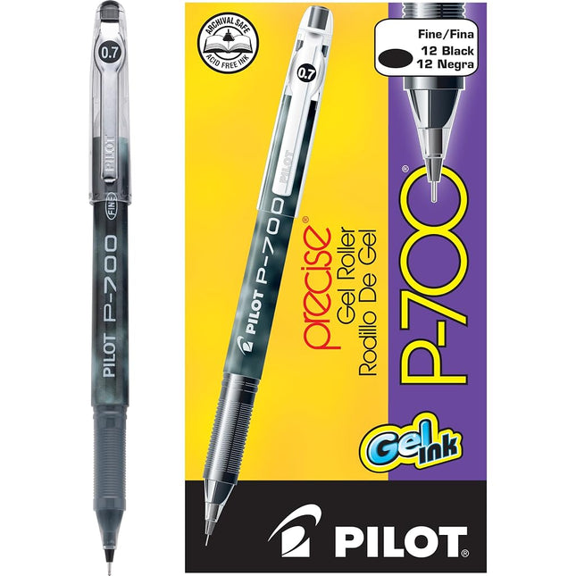 PILOT, Precise P-700 Gel Ink Rolling Ball Stick Pens, Marbled Barrel, Fine Point 0.7 mm, Black, Pack of 12