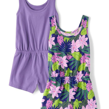 Lot de 2 barboteuses sans manches The Children's Place pour filles, violet/fleurs tropicales, grande taille