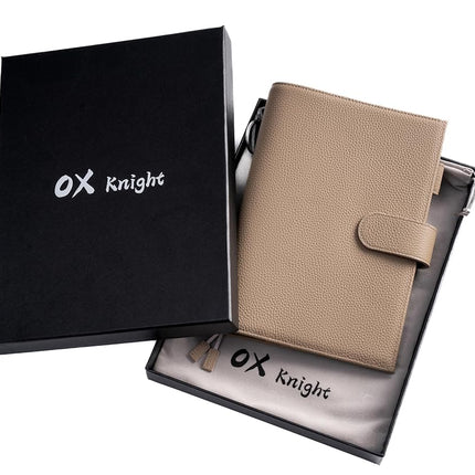Ox Knight A5 Leather Planner Cover for Hobonichi Cousin, Stalogy, Midori, Leuchtturm1917, and More - with Pen Loop, Card Slots, Back Pocket, and Bookmarks (Taupe)