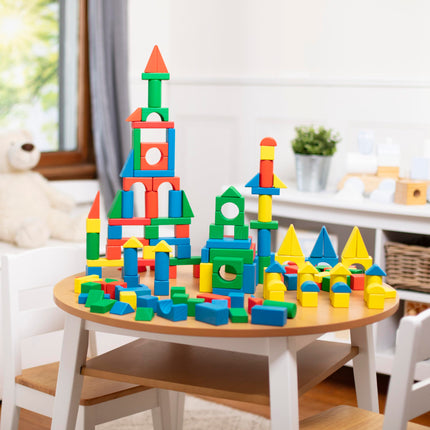 Juego de bloques de construcción de madera Melissa & Doug - 200 bloques en 4 colores y 9 formas (embalaje de comercio electrónico)