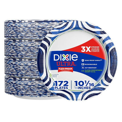 Glattol Dixie Ultra Paper Plates, 10 1/16 inch, Dinner Size Printed Disposable Plate, 172 Count (4 Packs of 43 Plates), Packaging and Design May Vary