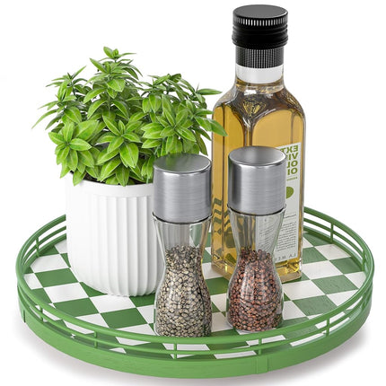 Green and White Checkerboard Lazy Susan with Rubbe