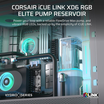 Corsair iCUE LINK XD6 RGB ELITE Pump/Reservoir Unit – FlowDrive Max Pump, Built-In Temperature Sensor, 22 Addressable RGB LEDs, 440ml Transparent Nylon Reservoir – White